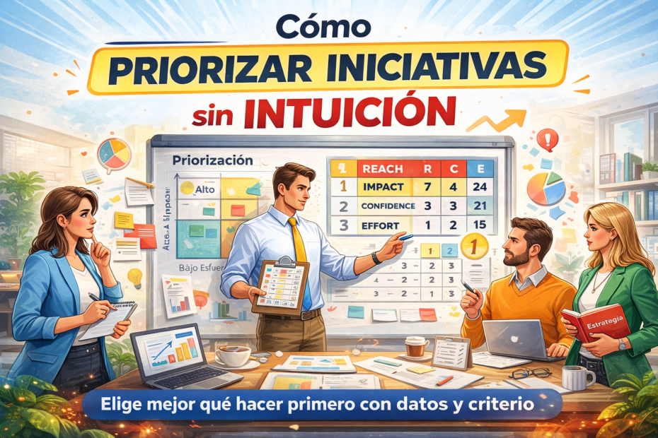 Equipo de trabajo analizando criterios de priorización y matriz de iniciativas en una oficina, ilustración horizontal sobre cómo priorizar iniciativas sin intuición.