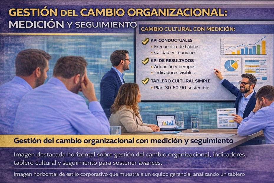 Equipo gerencial revisando gestión del cambio organizacional, tablero cultural y seguimiento de hábitos en formato horizontal