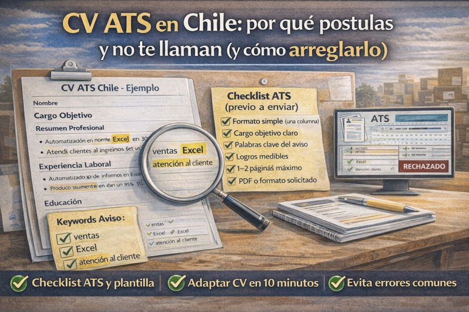 Imagen destacada “CV ATS Chile” con plantilla de currículum ATS, checklist previo a enviar y palabras clave para conseguir entrevistas.