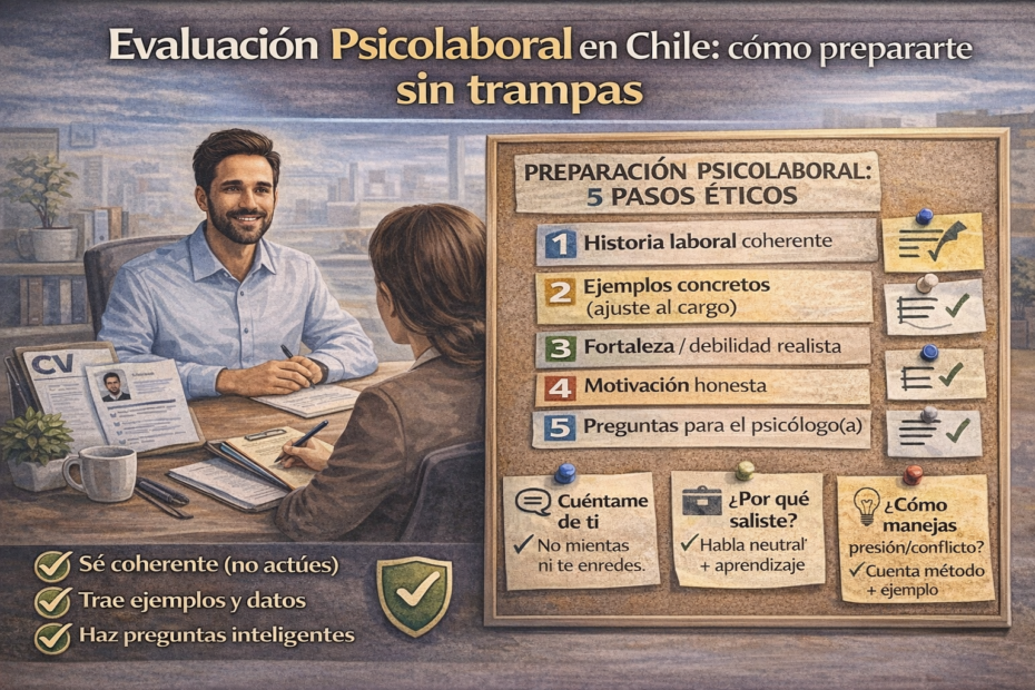 Imagen destacada “Evaluación psicolaboral en Chile” con 5 pasos de preparación ética, checklist y preguntas típicas para entrevista psicológica laboral.