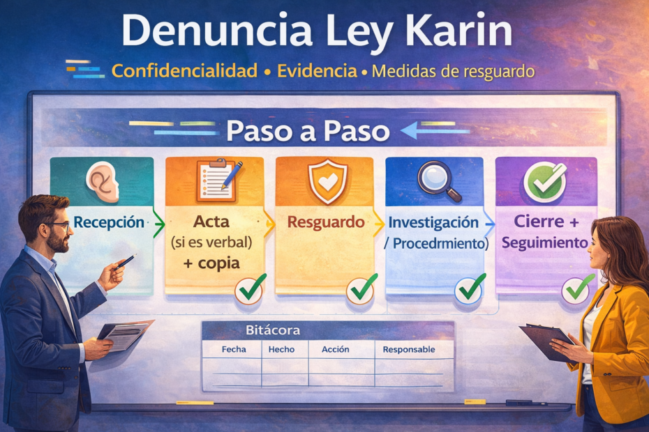 Flujo paso a paso de denuncia Ley Karin: recepción, acta en denuncia verbal, medidas de resguardo, investigación y cierre con evidencia y confidencialidad.