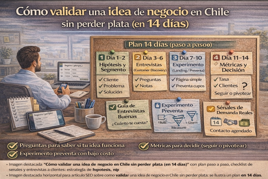 Imagen destacada sobre cómo validar una idea de negocio en Chile en 14 días, con plan paso a paso, entrevistas a clientes, landing/preventa y métricas para decidir seguir o pivotear.