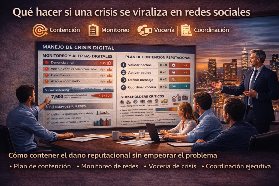 Equipo ejecutivo gestionando una crisis reputacional viral en redes sociales con monitoreo, vocería y contención