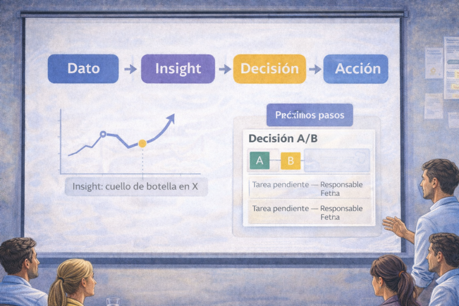 Infografía de storytelling con datos para presentaciones ejecutivas: Dato, Insight, Decisión y Acción para convertir KPIs en decisiones con plan.