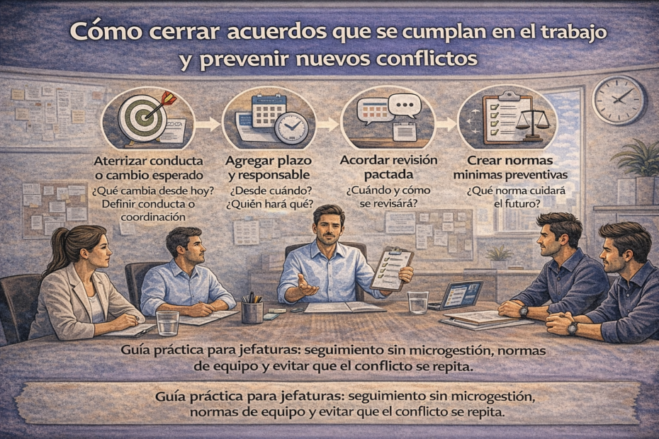 Jefatura cerrando acuerdos laborales con seguimiento y normas preventivas para evitar nuevos conflictos en el equipo