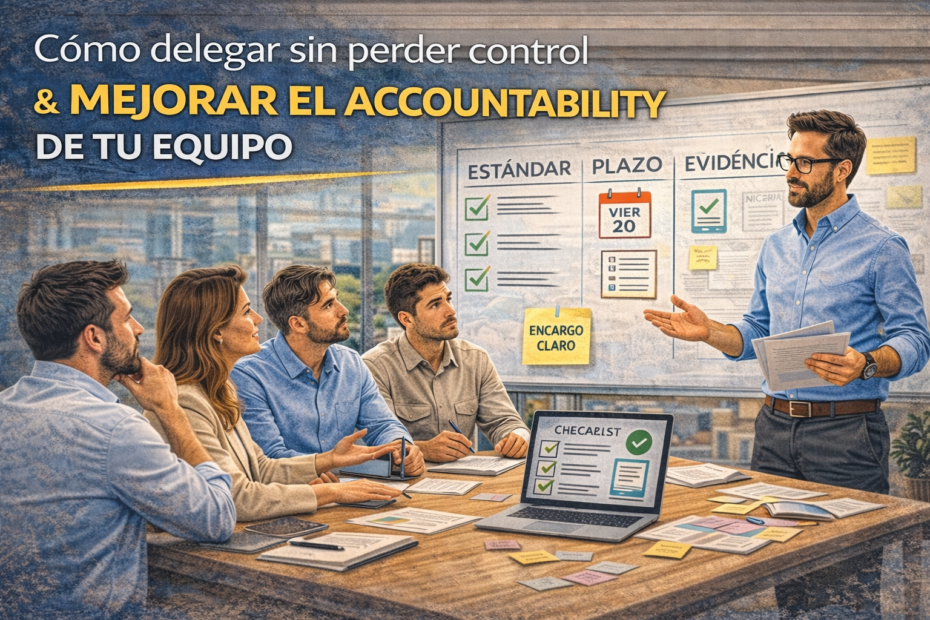 Jefatura intermedia delegando tareas con estándar, plazo y evidencia frente a su equipo, ilustración horizontal sobre cómo delegar sin perder control.