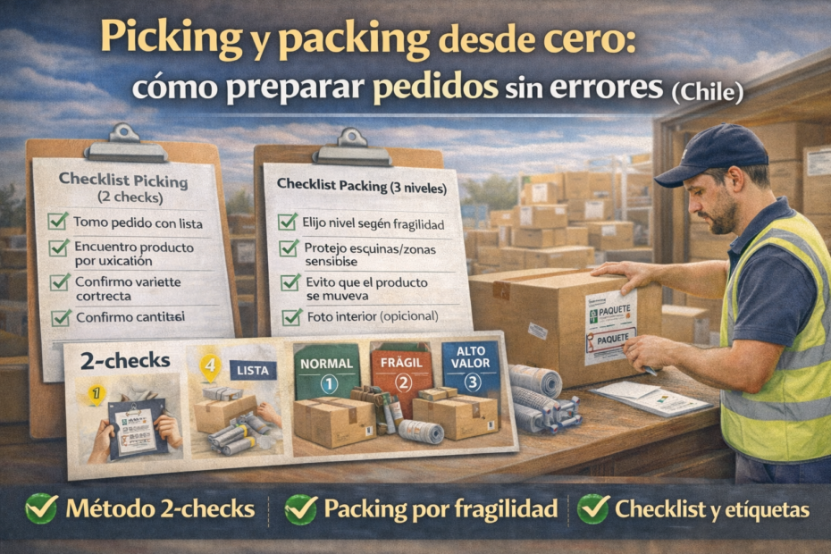 Imagen destacada “Picking y packing desde cero” con checklist de picking (2 checks), packing por fragilidad (3 niveles) y etiquetado para preparar pedidos sin errores en Chile.