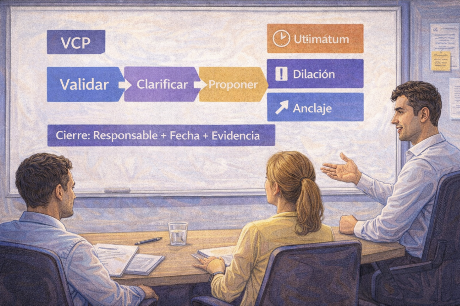 Infografía de negociación para manejar objeciones con método VCP (validar, clarificar, proponer) y responder a ultimátums, dilación y anclaje sin ceder.