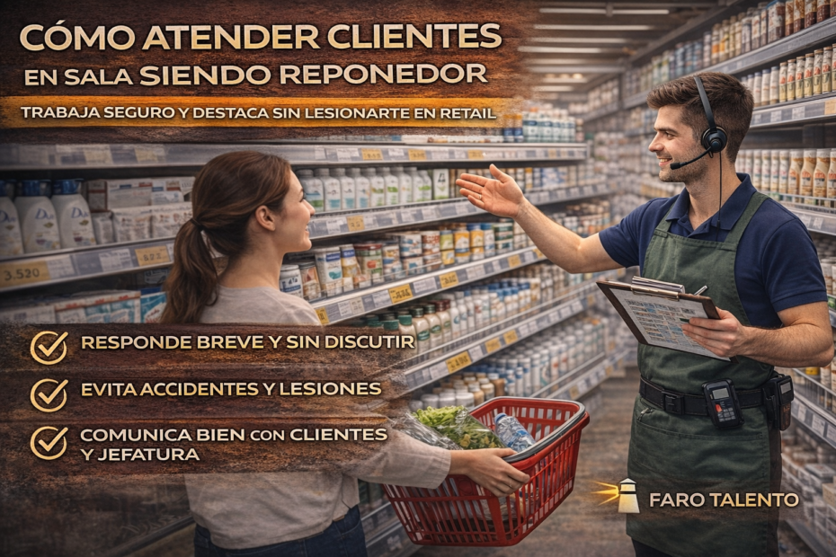 Reponedor atendiendo a una clienta en sala con trato amable, seguridad y comunicación profesional en supermercado