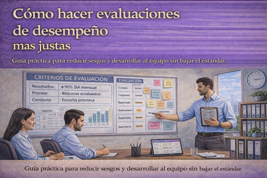 Jefatura realizando evaluación de desempeño con criterios claros, evidencias y revisión de sesgos en reunión laboral