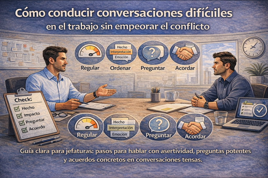 Jefatura conduciendo conversación difícil en el trabajo con asertividad, preguntas y acuerdos para bajar tensión en el equipo