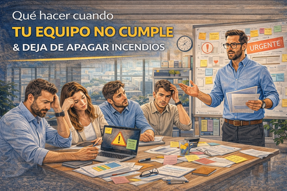Jefatura intermedia enfrentando un equipo desordenado y urgencias constantes en una reunión, ilustración horizontal sobre qué hacer cuando tu equipo no cumple.