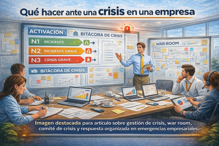 Comité de crisis trabajando en un war room con niveles de activación N1, N2 y N3, ilustración horizontal sobre qué hacer ante una crisis en una empresa.