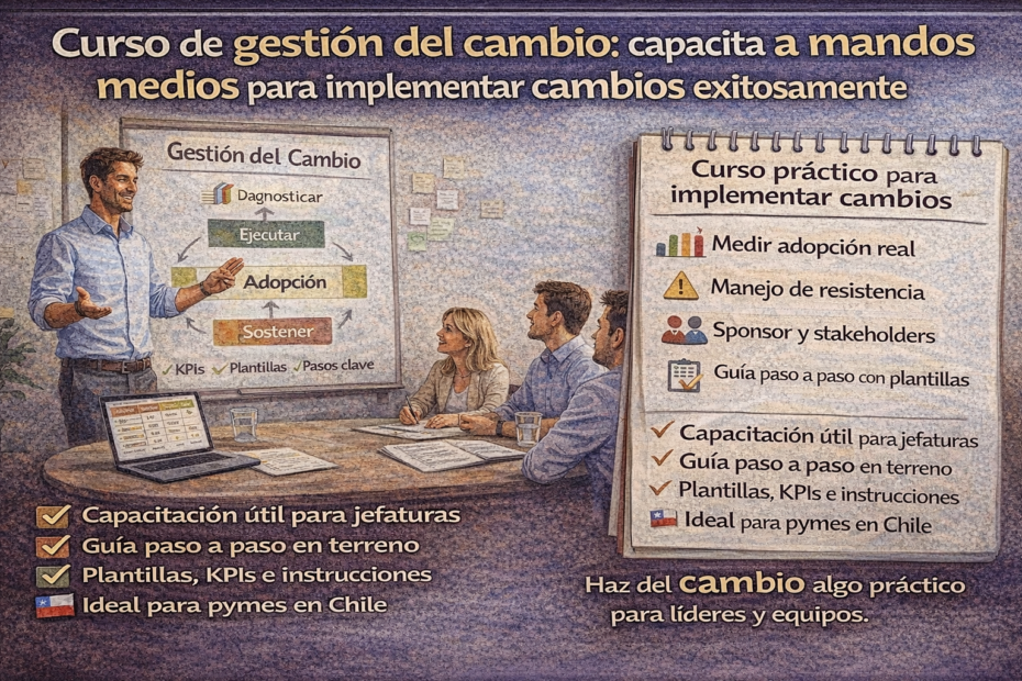 Gestión del cambio en la empresa: capacitación para mandos medios con sponsor, stakeholders, manejo de resistencia y KPIs de adopción.
