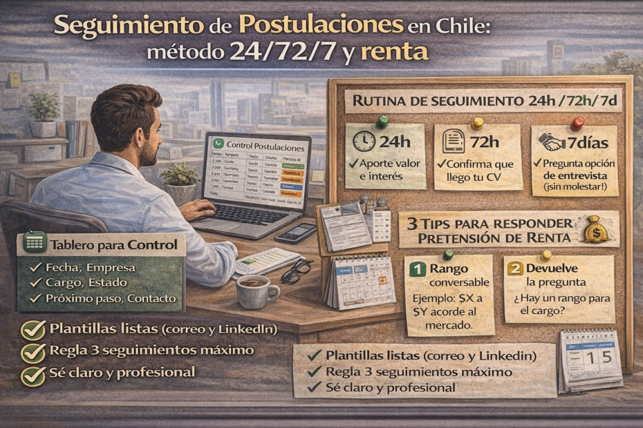 Imagen destacada “Seguimiento de postulaciones en Chile” con método 24/72/7, tablero de control y tips para responder pretensión de renta.