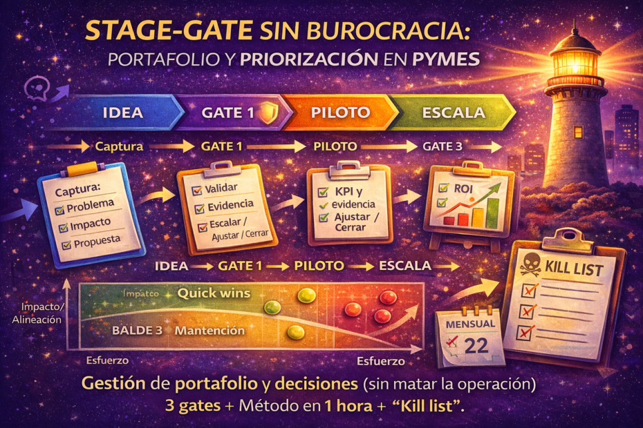 Imagen destacada sobre Stage-Gate sin burocracia para pymes, con portafolio de innovación, priorización de iniciativas, gates Idea–Piloto–Escala y “kill list”.
