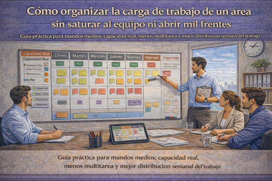 Jefatura organizando la carga de trabajo del área con tablero semanal, capacidad real y priorización visual en reunión de equipo