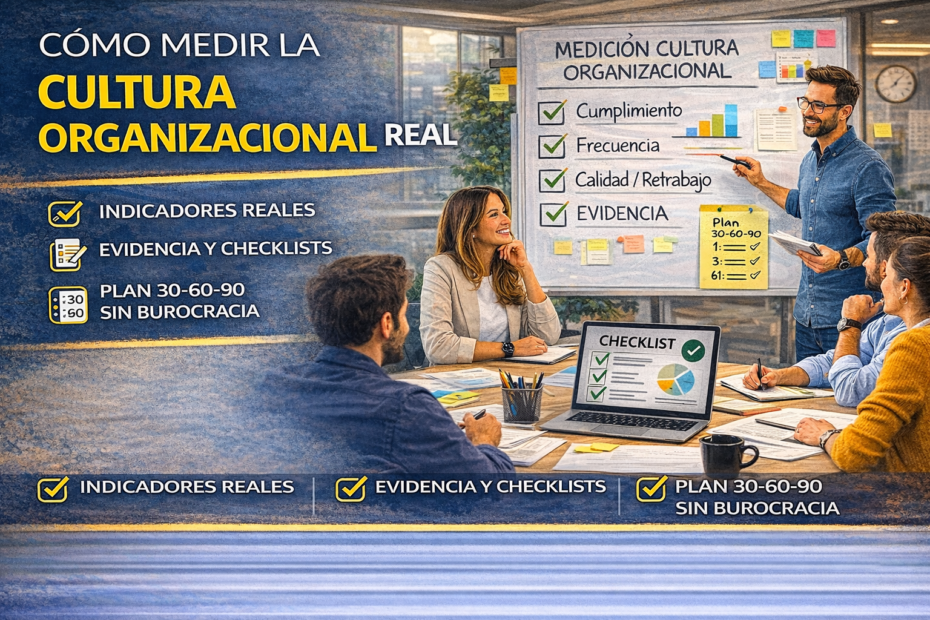 Equipo de trabajo revisando indicadores, evidencia, checklist y plan 30-60-90 en una reunión, ilustración horizontal sobre cómo medir la cultura organizacional real.