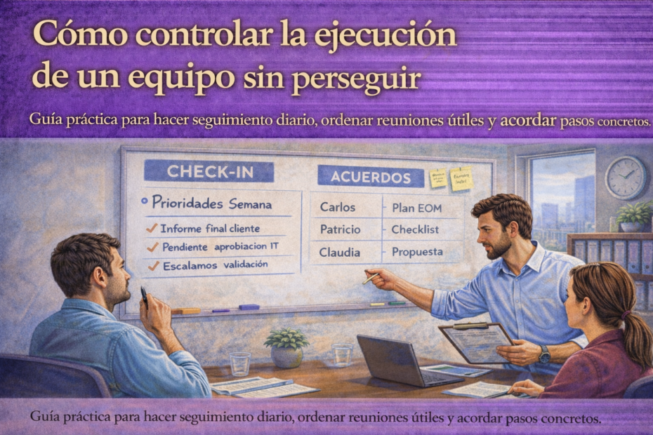 Jefatura realizando check-in diario con tablero de prioridades, bloqueos y acuerdos para controlar la ejecución del equipo sin perseguir