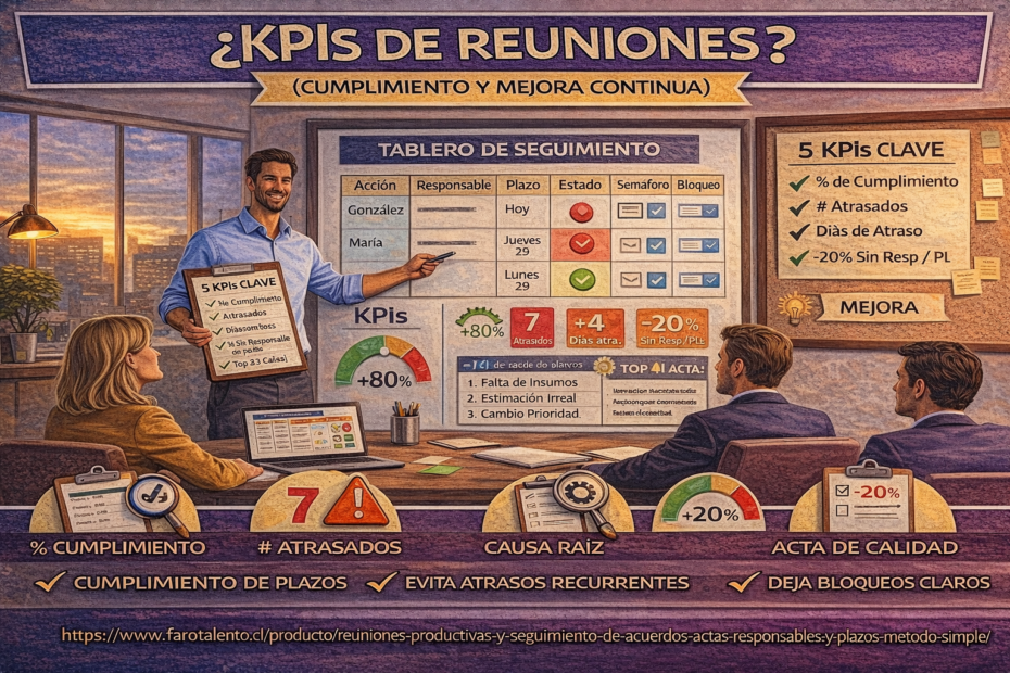 KPIs de reuniones y seguimiento de acuerdos: cumplimiento de plazos, atrasos, días de atraso y causas raíz para mejorar ejecución