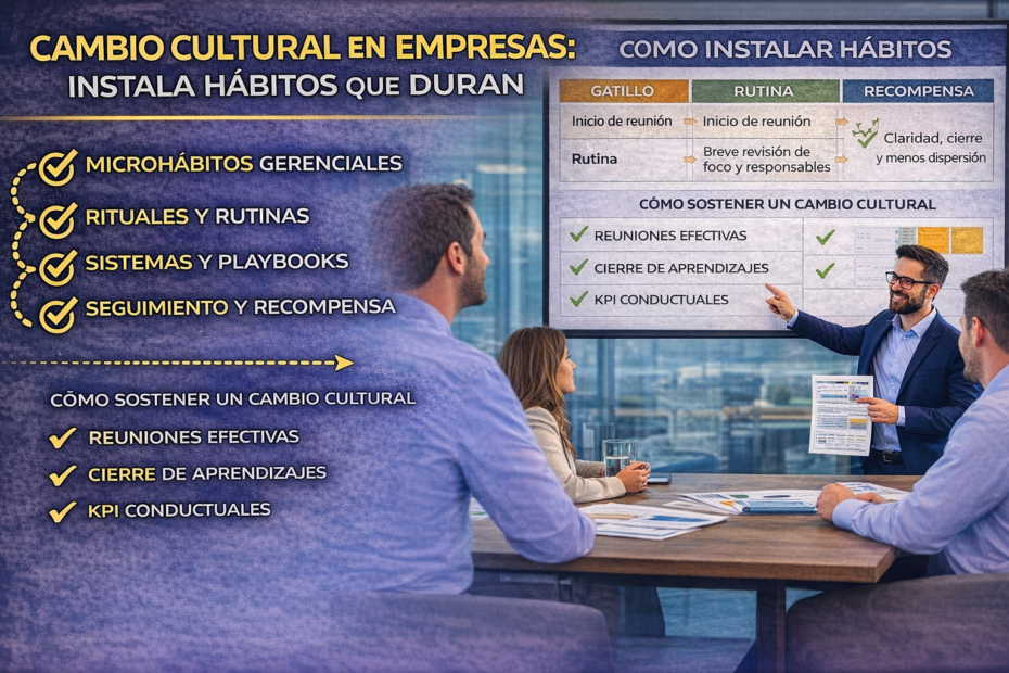 Equipo gerencial revisando cambio cultural en empresas, hábitos y rituales en tablero ejecutivo