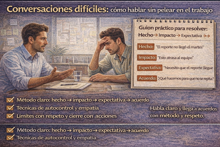 Conversaciones difíciles en el trabajo: líder aplica guion práctico para hablar sin pelear y cerrar acuerdos con respeto.