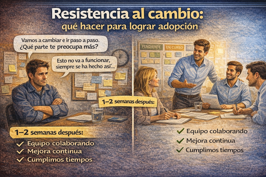 Resistencia al cambio en la empresa: líder conversa con colaborador escéptico y luego equipo colaborando tras aplicar gestión del cambio.