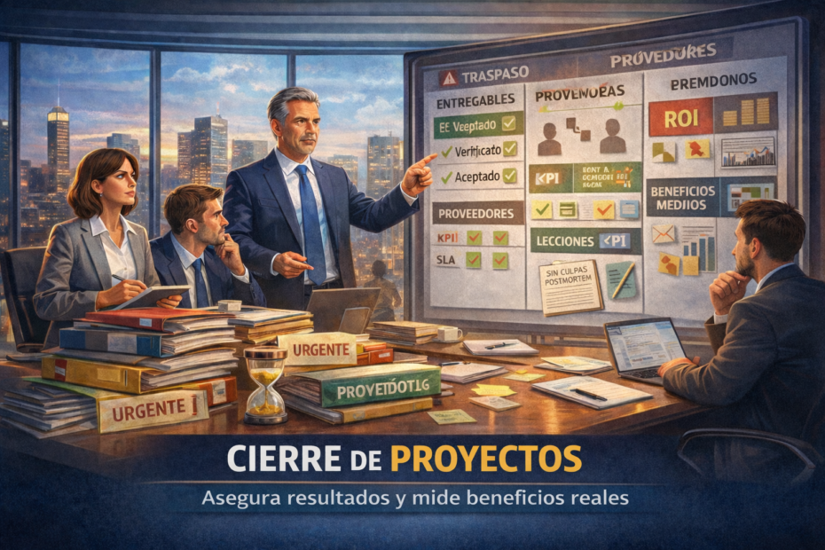 Gerencia revisando cierre de proyectos con traspaso, KPI de proveedores y medición de beneficios en sala corporativa