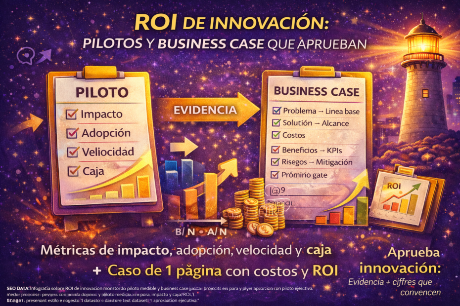 ROI de innovación con pilotos medibles y business case en 1 página: KPIs de impacto, adopción, velocidad y caja para aprobación ejecutiva.