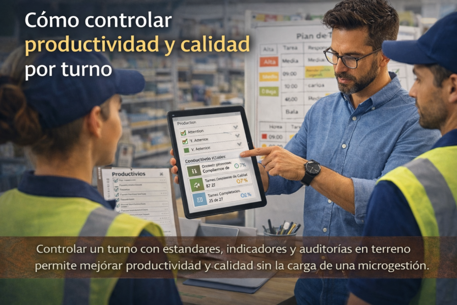 Supervisor controlando productividad y calidad por turno con indicadores visibles y auditoría en terreno