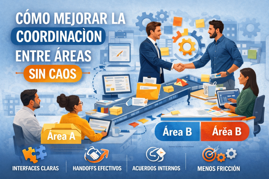 Ilustración horizontal sobre coordinación entre áreas en una empresa, con handoffs, acuerdos internos, interfaces claras y reducción de fricción operativa.
