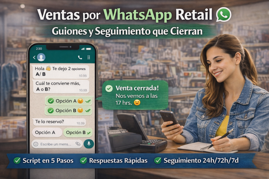 Imagen destacada sobre ventas por WhatsApp en retail, con guiones y seguimiento 24h/72h/7d para convertir consultas en ventas.