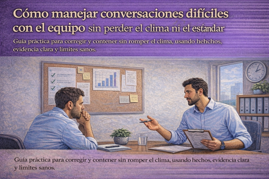 Jefatura manejando una conversación difícil con un colaborador usando evidencia, foco y límites sanos en una reunión laboral