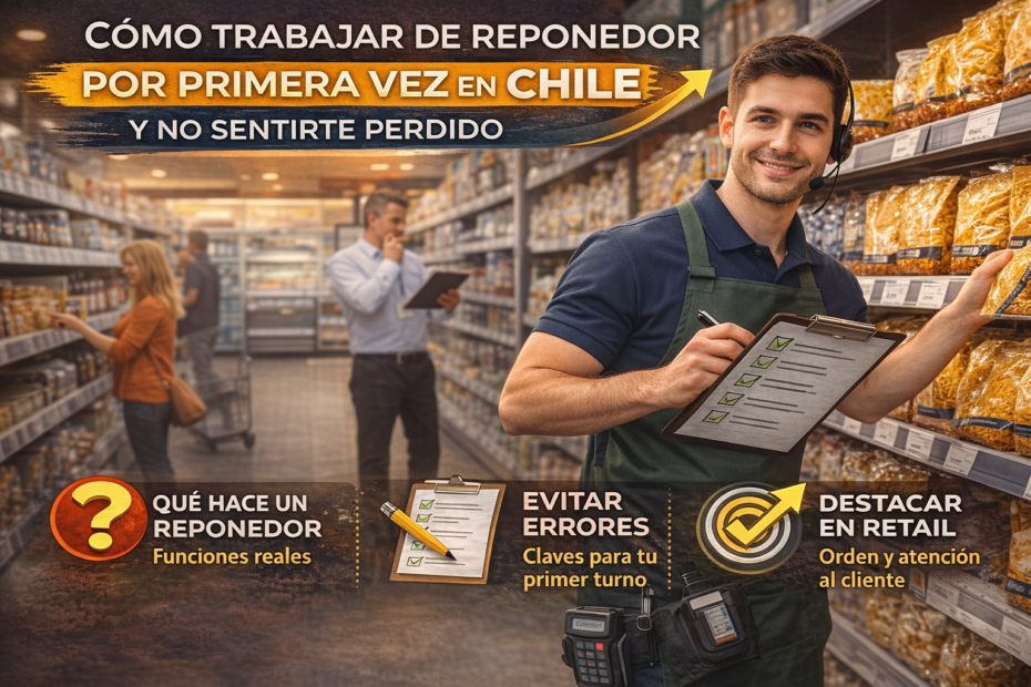 Joven reponedor trabajando por primera vez en supermercado de Chile con checklist y góndola ordenada
