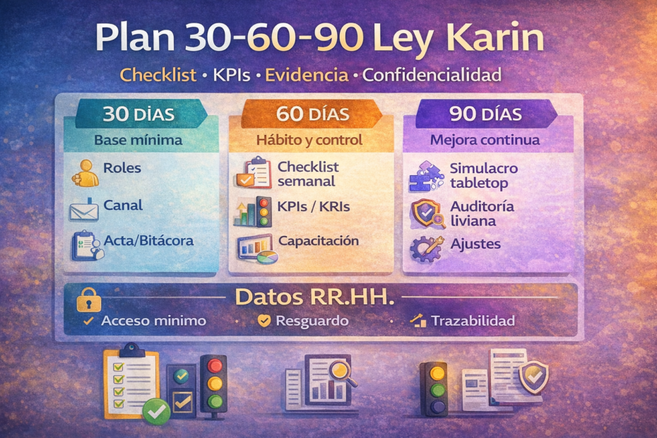 Roadmap 30–60–90 para implementar Ley Karin: checklist semanal, KPIs/KRIs, evidencia (acta/bitácora) y buenas prácticas de datos personales en RR.HH. en Chile.