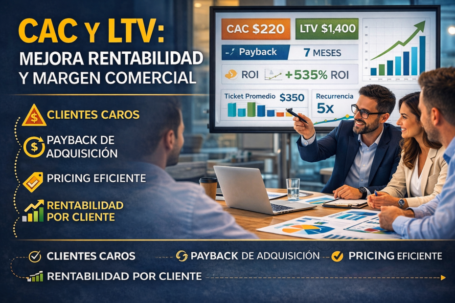Equipo gerencial revisando CAC, LTV y rentabilidad por cliente en dashboard comercial ejecutivo