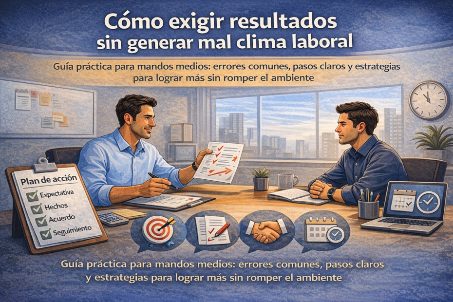 Jefatura exigiendo resultados con claridad y seguimiento en reunión laboral sin dañar el clima del equipo