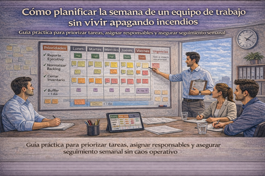 Jefatura planificando la semana de un equipo con tablero semanal, prioridades claras y seguimiento visual en reunión de trabajo