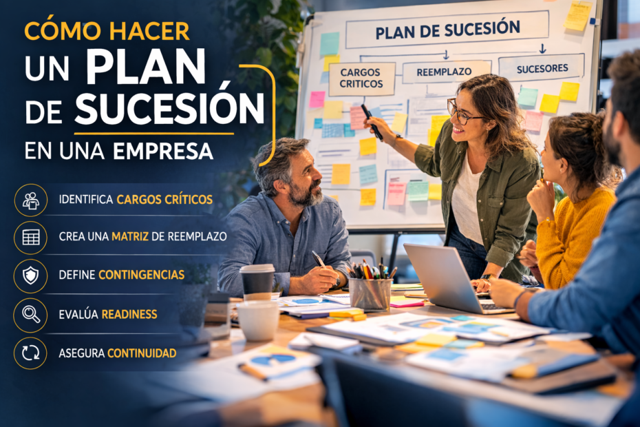 Equipo de RRHH y gerencia diseñando un plan de sucesión con cargos críticos y matriz de reemplazo