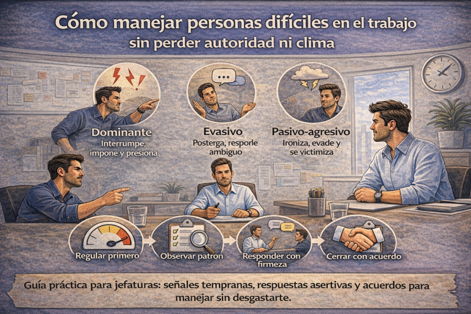 Jefatura manejando personas difíciles en el trabajo con señales tempranas, respuesta asertiva y acuerdo claro en contexto laboral
