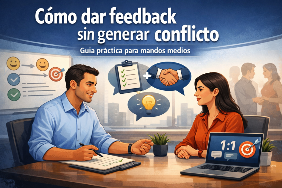 Jefatura dando feedback sin conflicto en reunión 1 a 1 con colaboradora en oficina, guía práctica para mandos medios