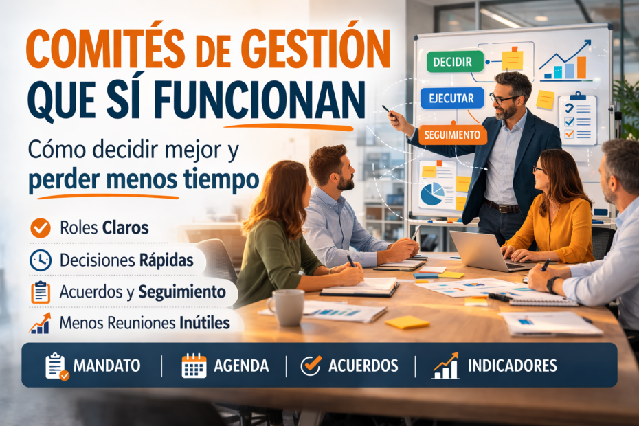Ilustración horizontal de comités de gestión que sí funcionan, con equipo reunido, pizarra de decisiones, seguimiento de acuerdos e indicadores.