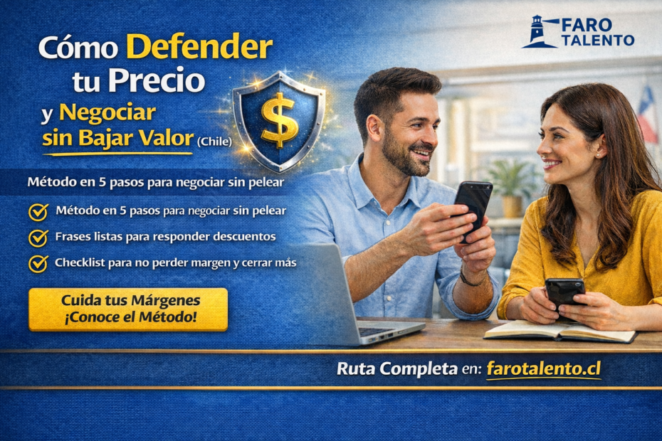 Banner “Cómo defender tu precio” en Chile con método de negociación en 5 pasos, frases para responder descuentos y checklist para no perder margen.