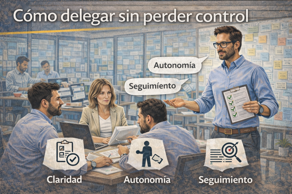 Jefatura delegando tareas con claridad, autonomía y seguimiento frente a su equipo, ilustración horizontal sobre cómo delegar sin perder control.