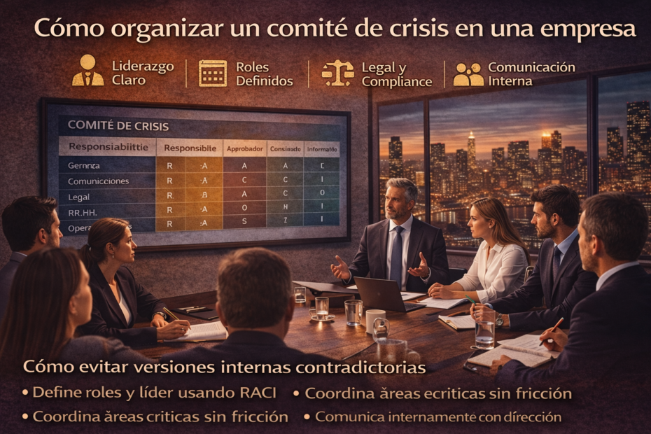 Comité de crisis reunido con gerencia, legal, RRHH y comunicaciones coordinando respuesta interna y externa
