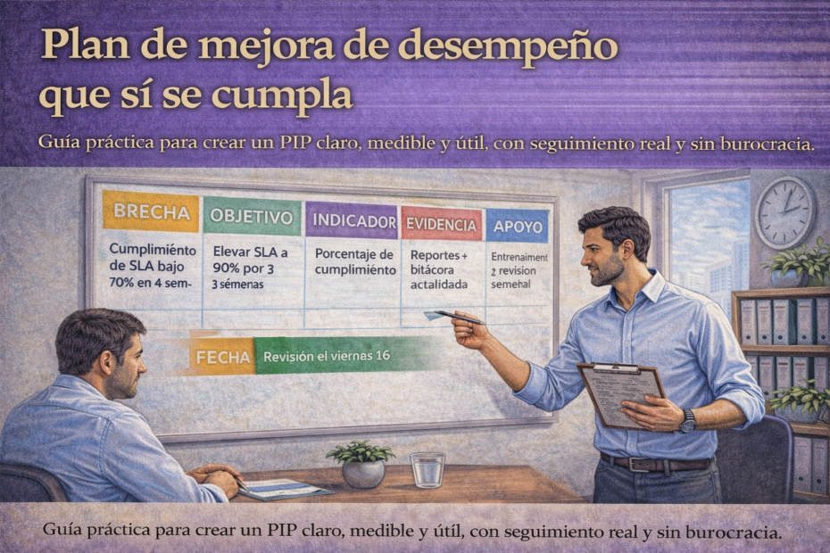 Jefatura presentando un plan de mejora de desempeño con brecha, objetivo, indicador, evidencia y apoyo en reunión laboral