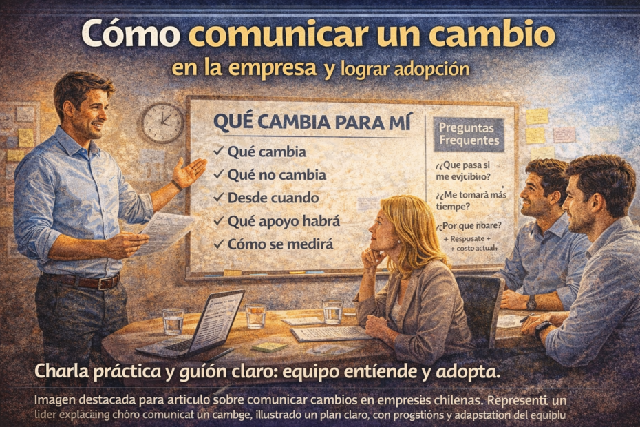 Líder explicando cómo comunicar un cambio en la empresa con “qué cambia para mí”, apoyo, medición y preguntas frecuentes para lograr adopción.