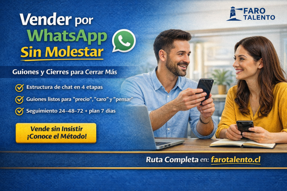Banner “Vender por WhatsApp sin molestar” con estructura de chat en 4 etapas, guiones para objeciones y seguimiento 24-48-72 para cerrar más ventas en Chile.