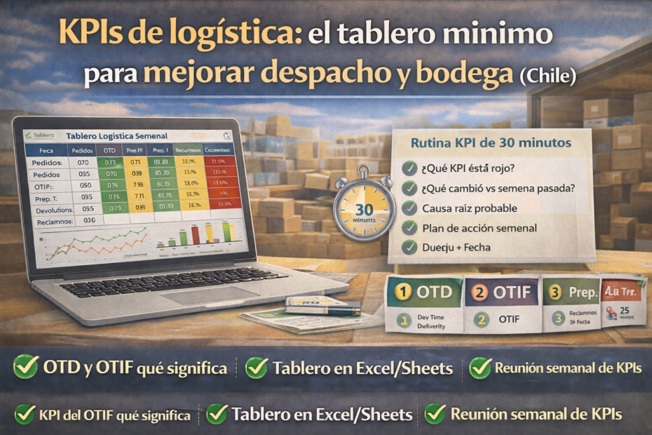 Imagen destacada “KPIs de logística” con tablero en Excel/Sheets, semáforo de indicadores (OTD/OTIF), y rutina semanal de 30 minutos para mejorar despacho y bodega en Chile.