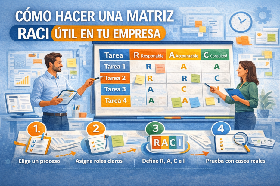 Ilustración horizontal sobre cómo hacer una matriz RACI útil en una empresa, con tabla RACI, roles claros y pasos para definir responsabilidades.